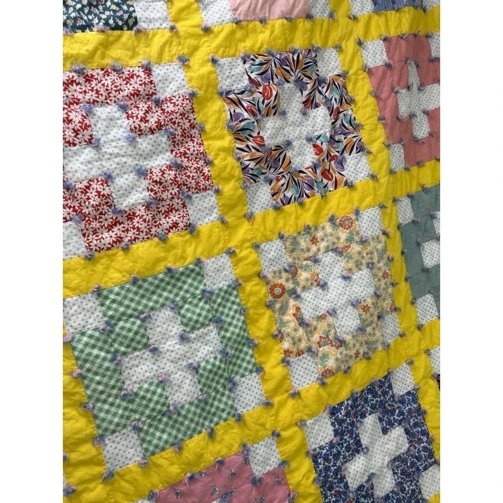 Handmade Plus Quilt Feed Sack Fabrics Hand Tied 72 x 87.5